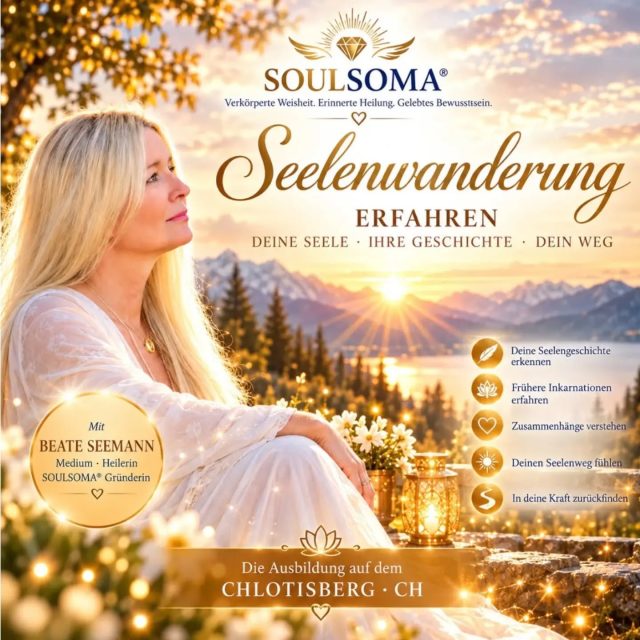 7 Tage Heilung, Medialität und Bewusstsein

Eine intensive Reise zu dir selbst, zu deiner Seele und in deine Verbindung mit der geistigen Welt

Manchmal spüren wir, dass hinter unseren Lebensthemen, wiederkehrenden Mustern und persönlichen Erfahrungen etwas Tieferes liegt.

Etwas, das wir nicht allein mit unserem Verstand erfassen können.

Gleichzeitig trägt jeder Mensch eine natürliche sensitive Wahrnehmung in sich. Wir fühlen Energien, sehen innere Bilder, nehmen Stimmungen wahr oder wissen plötzlich etwas, ohne erklären zu können, woher dieses Wissen kommt.

Doch oftmals haben wir verlernt, dieser Wahrnehmung zu vertrauen.

Die SOULSOMA® Seelenwanderung verbindet deshalb zwei wesentliche Wege miteinander:

Deinen persönlichen Heilungs- und Bewusstseinsweg und die Entfaltung deiner sensitiven und medialen Fähigkeiten.

Sieben Tage lang gehen wir gemeinsam durch sieben Entwicklungsräume. Die sieben Energiezentren bilden dabei unsere innere Struktur.

Sie sind die Tore, durch die wir gehen.

📆 6. - 12. Februar 2027
📍 Seminarhaus Chlotisberg, Luzerner Seetal
➡️ Alles weitere in der Bio!